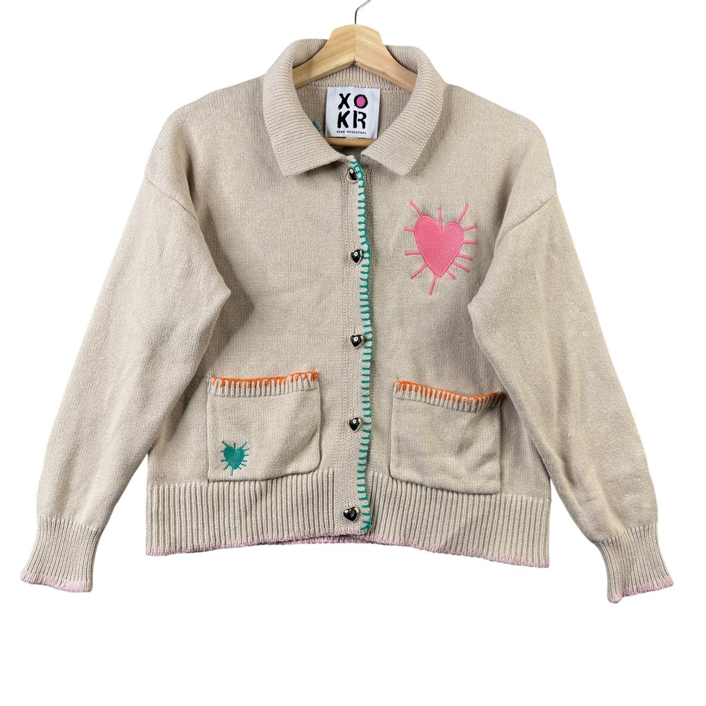 XO/KR Beige Knit Cardigan with Pink Heart Embroidery